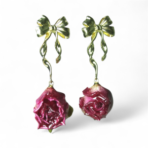 Peach Bloom – Real Rose & Gilded Ribbon Earrings