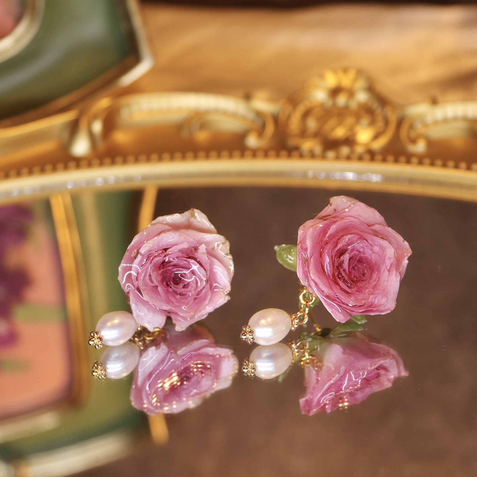 Soft Pink Rose & Freshwater Pearl Earrings