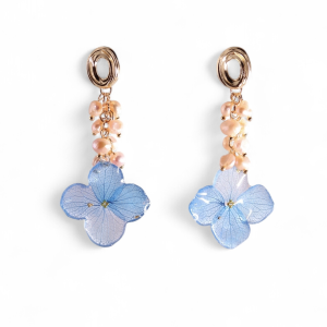 Sky Blue Hydrangea Earrings with Freshwater Pearls