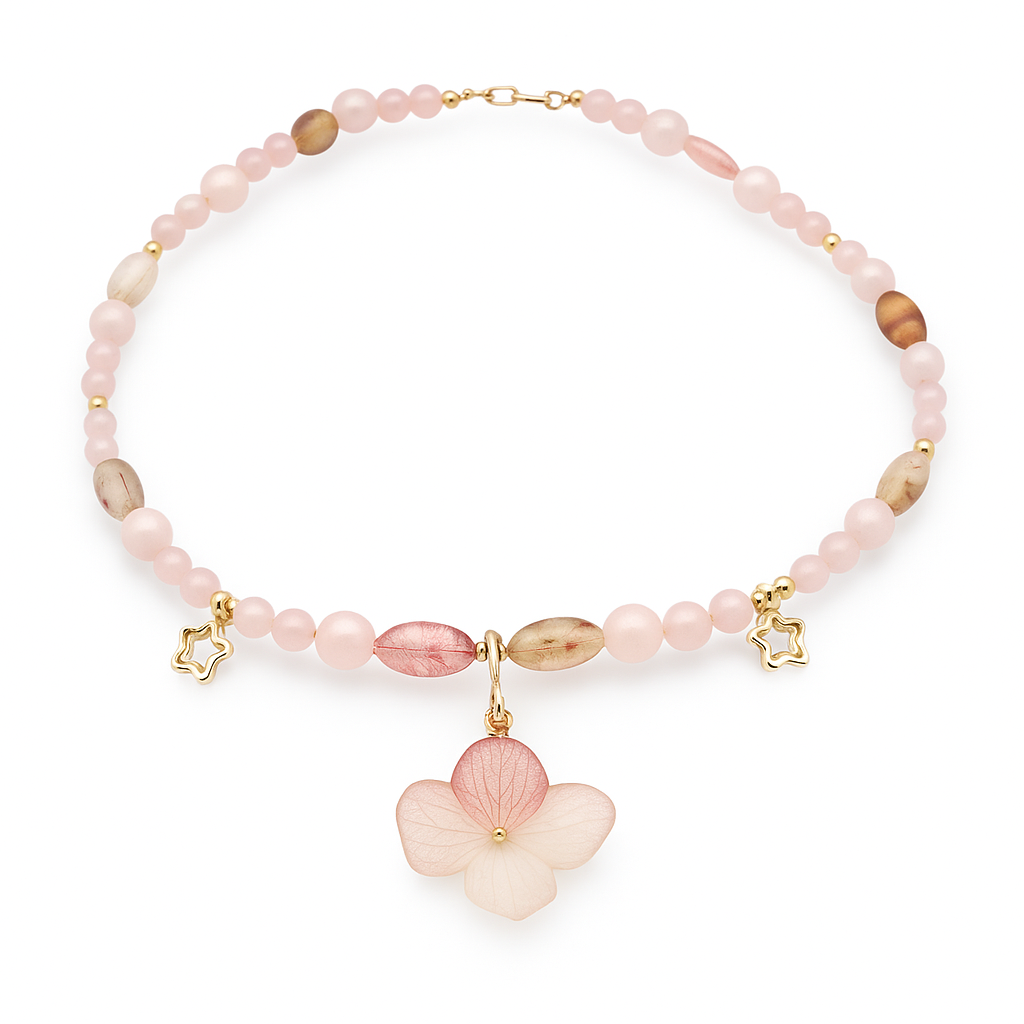 Rosy Haze – Rose Quartz & Hydrangea Necklace