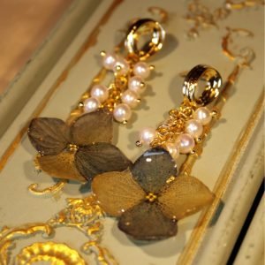Retro Olive Green Hydrangea Earrings with Freshwater Pearls