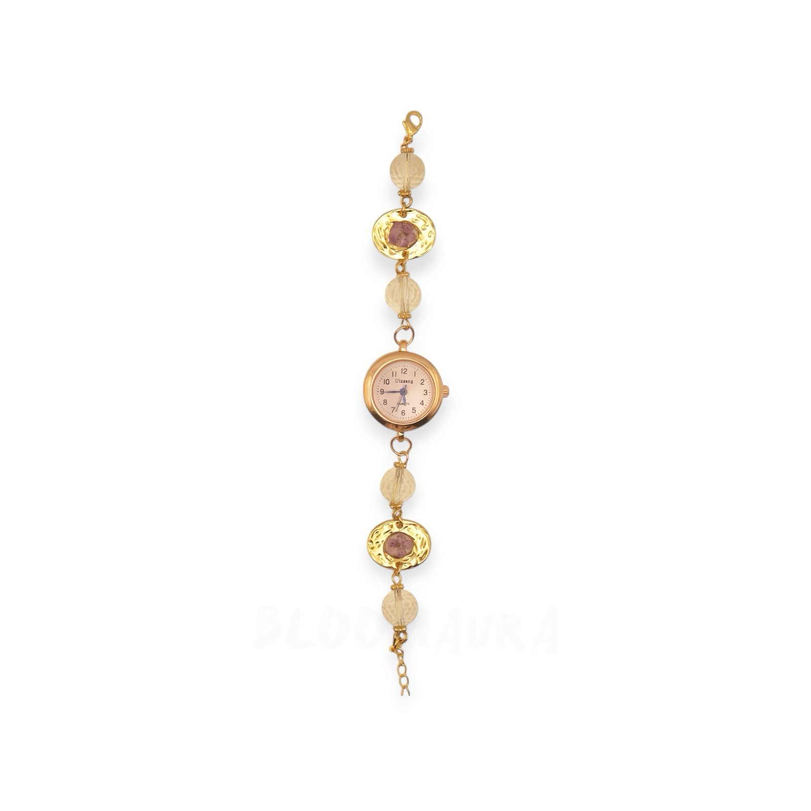 Violet Dusk – Forget-Me-Not & Clear Quartz Timepiece Bracelet