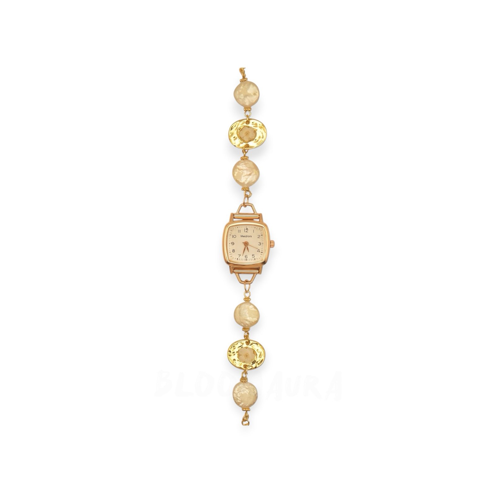 Eternal Bloom – Forget-Me-Not & Pearl Timepiece Bracelet (Ivory White)
