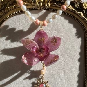 Real Orchids Necklace with Fresh Water Pearl