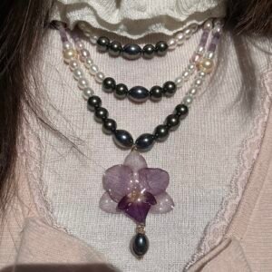 Real Orchids Necklace with Fresh Water Pearl