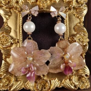 Phalaenopsis Orchid Drop Earrings — Antique Rose (South Sea Shell Pearl)